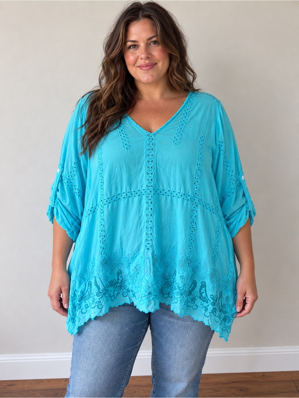 Johnny Was Turquoise V-Neck Embroidered Tunic 1X